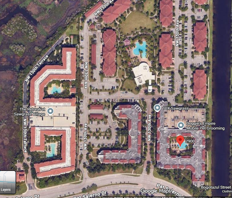 Aerial map view of a community and surrounding walking paths