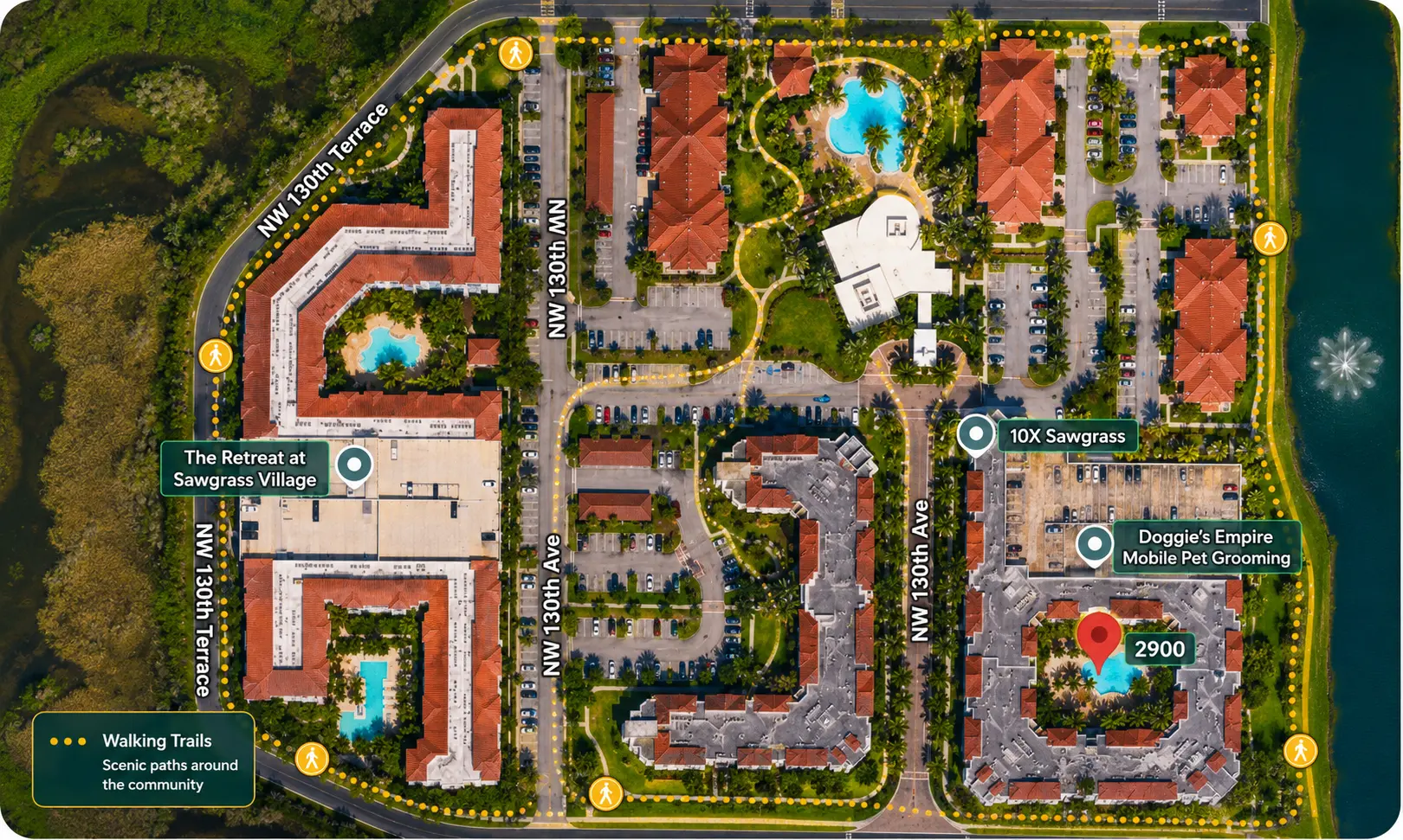 Aerial map view of a community and surrounding walking paths
