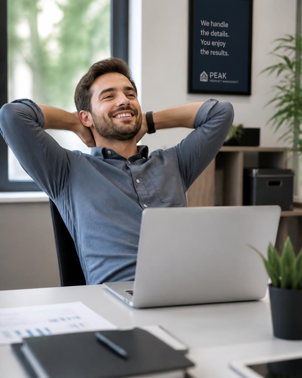 Relaxed property manager smiling at their desk while Tenant Access handles leasing operations
