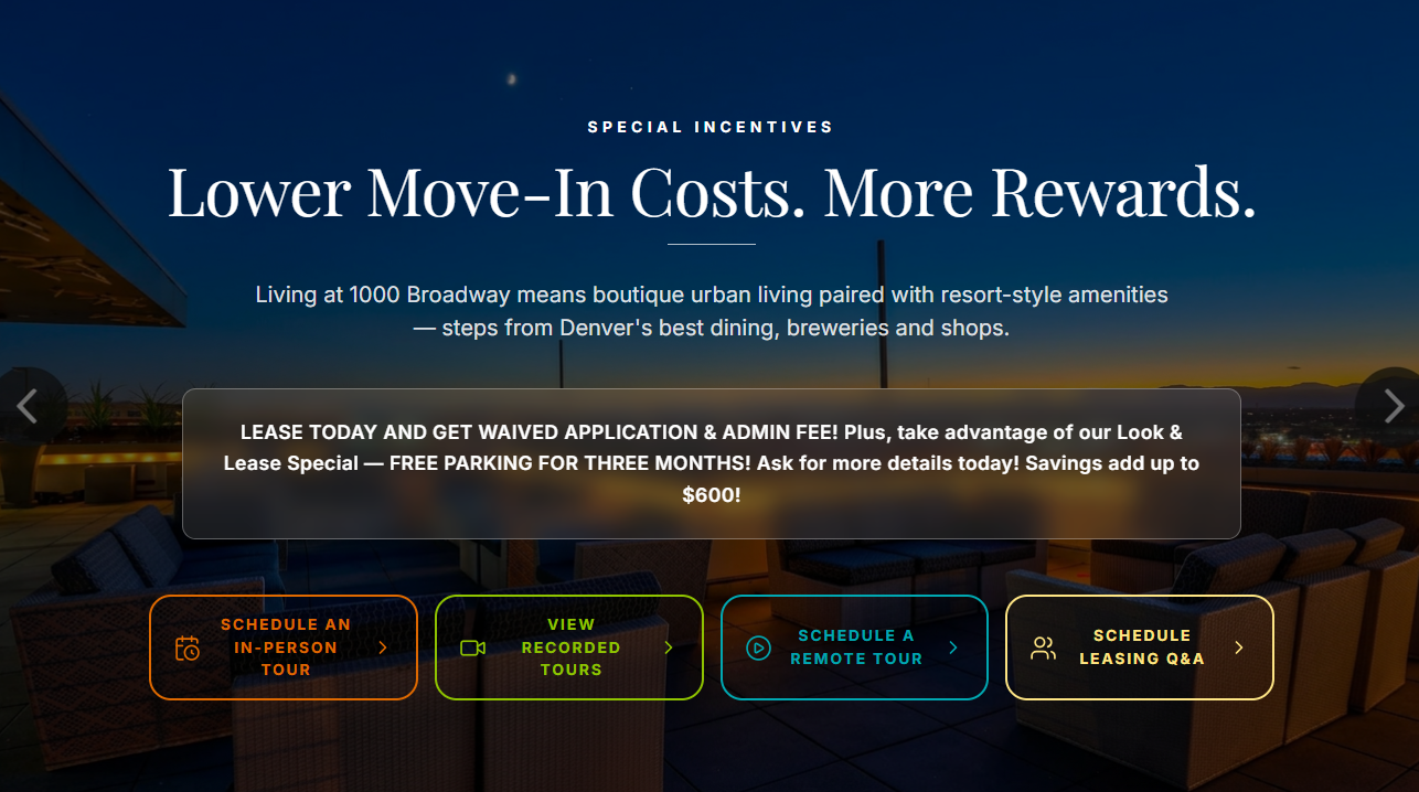 Special incentives section with multiple tour scheduling options